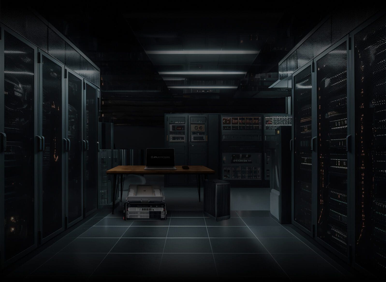 Dimly lit server room with computers and equipment.